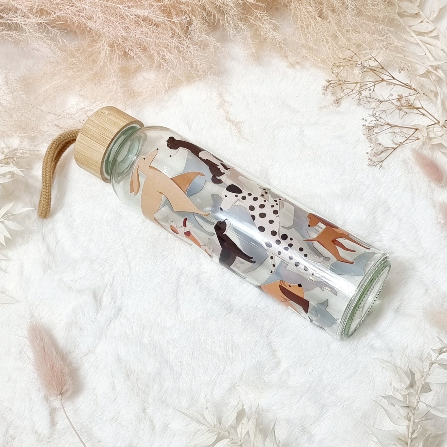 Glass Water Bottle with Dog Print