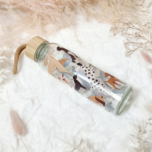 Glass Water Bottle with Dog Print