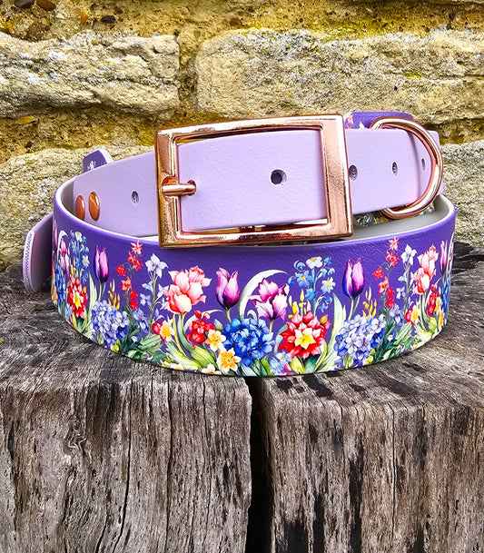 Twilight Blooms – Waterproof BioThane® Sighthound Collar / wide-fit Dog Collar